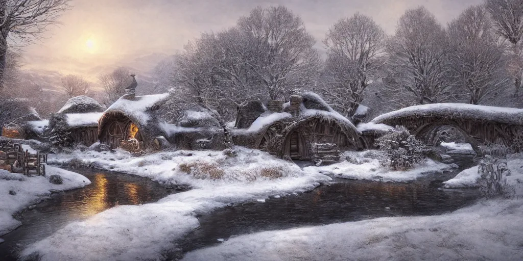 Prompt: Hobbiton near a frozen river during winter, evening, detailed matte painting, cinematic, Alan Lee, Artstation