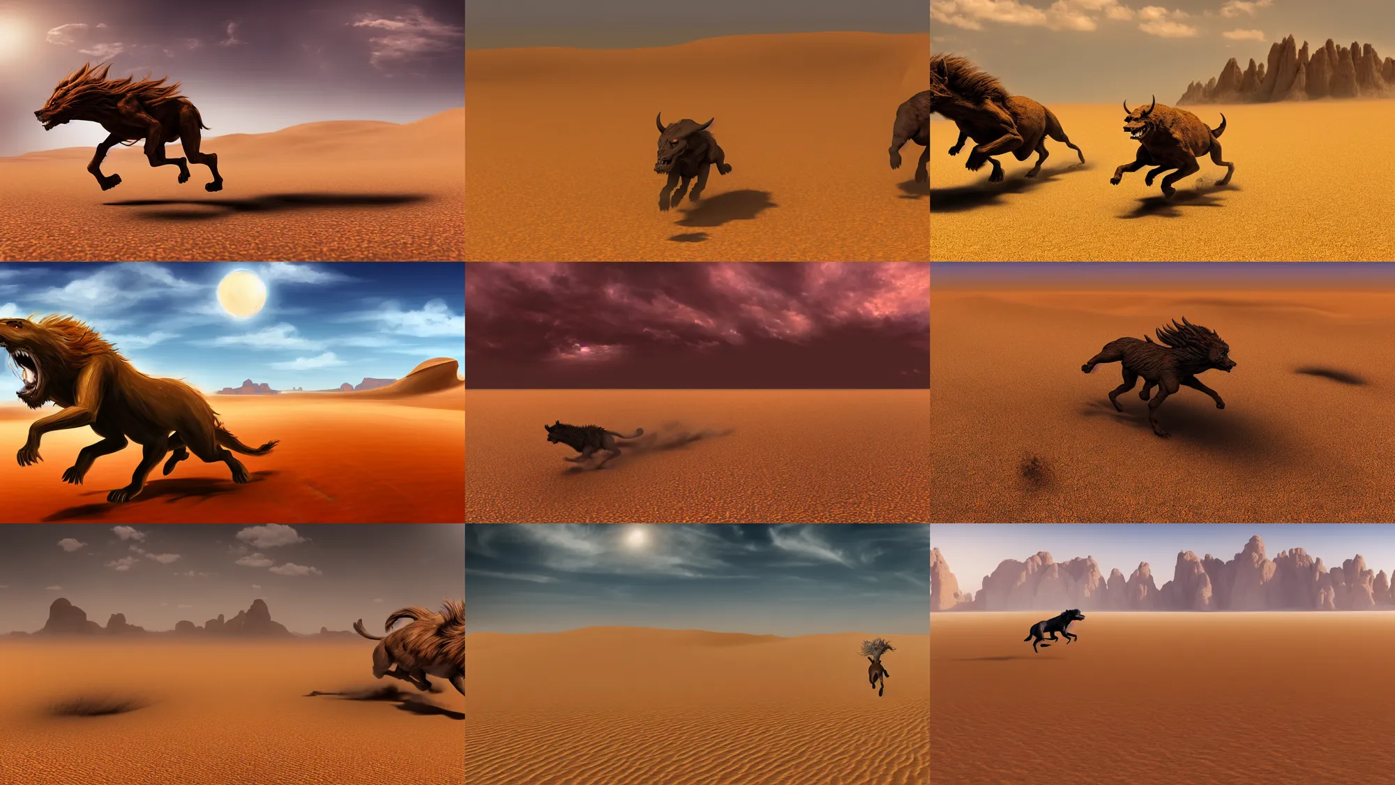 Prompt: beast running across the open desert, empty desert, sand, karst landscape, wide shot, concept art