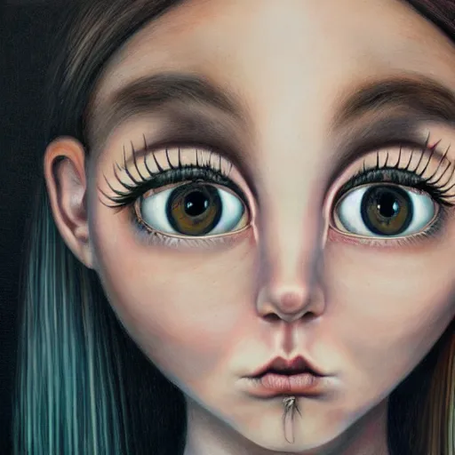 Image similar to hyper detailed portrait painting of a girl with big eyes in the style of artist mark ryden, symmetrical composition, in a landscape