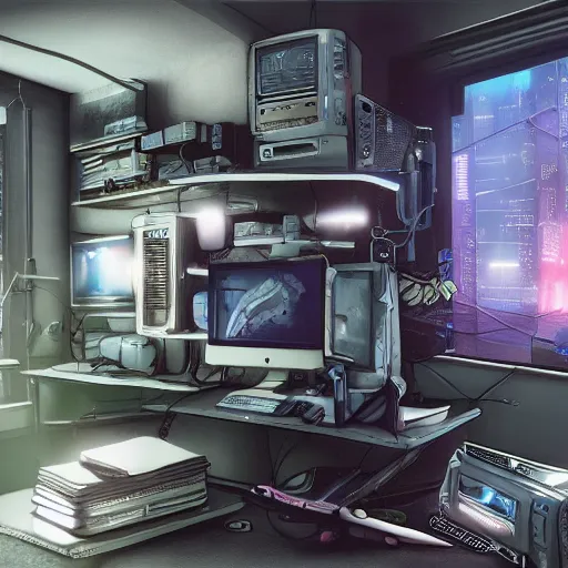 Prompt: A Desktop Computer Tower Case removed, cyberpunk bedroom, award winning, very detailed, artstation, realism