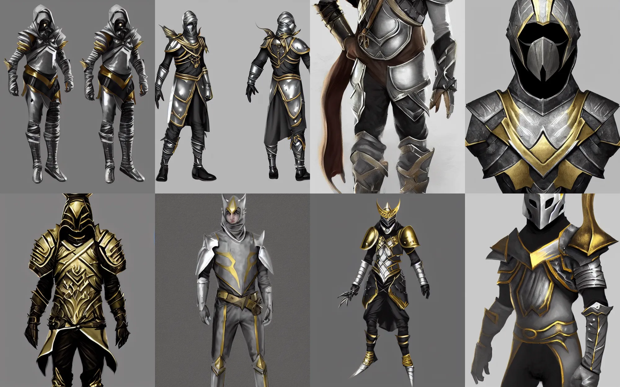 Prompt: very stylish male rogue fantasy armor, silver with gold accents, minimal, concept art, trending on artstation