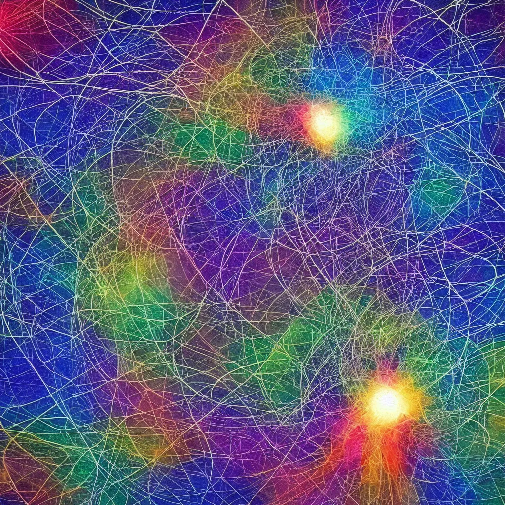 Prompt: what happens inside a proton, Indra's Net by greg rutowski, the pure chaos of the mind as a colorful explosion of consciousness