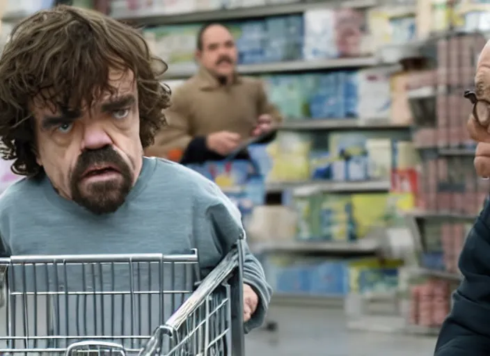 Image similar to peter dinklage in a shopping cart being pushed by danny devito, movie still, from the new jumangi movie, 8 k, realistic