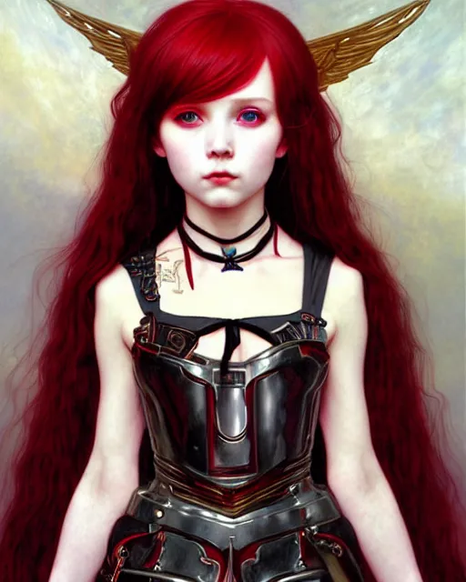 Image similar to portrait of beautiful cute young goth maiden girl with red hair in warhammer armor, art by ( ( ( kuvshinov ilya ) ) ) and wayne barlowe and gustav klimt and artgerm and wlop and william - adolphe bouguereau