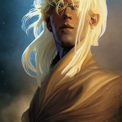 Prompt: an epic fantasy comic book style portrait painting of a confident blonde boy wearing plain thief clothes, d & d, fantasy, intricate, elegant, highly detailed, digital painting, artstation, concept art, matte, sharp focus, illustration, art by artgerm and greg rutkowski and alphonse mucha