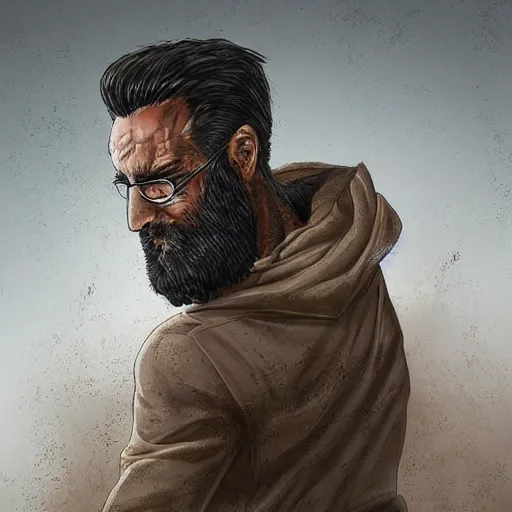 Prompt: a bearded man emerges from his bunker, digital art, artgerm