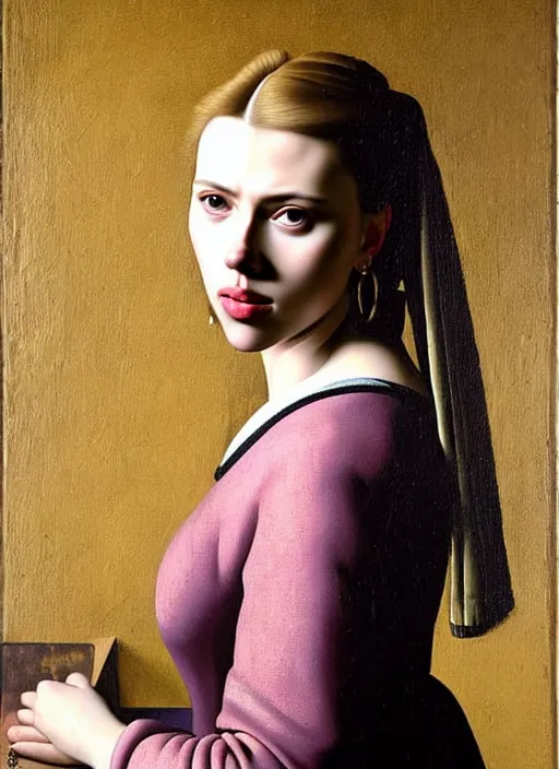 Prompt: portrait of scarlett johansson, oil painting by johannes vermeer, 1 7 th century, art, oil on canvas, wet - on - wet technique, realistic, expressive emotions, intricate textures, illusionistic detail