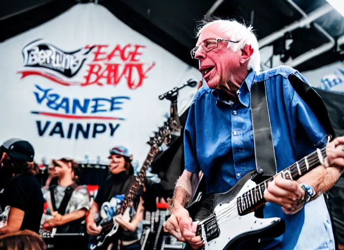 Image similar to photo still of bernie sanders at vans warped tour!!!!!!!! at age 8 0 years old 8 0 years of age!!!!!!! on stage shredding guitar, 8 k, 8 5 mm f 1. 8, studio lighting, rim light, right side key light