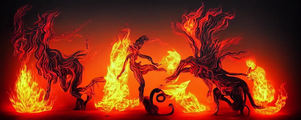 Image similar to whimsical fiery alchemical creatures, surreal dark uncanny painting by ronny khalil