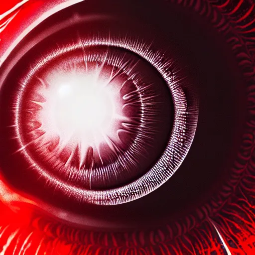 Image similar to a detailed extremely close up of inside the iris, cornea, red image, microscopic, extremely close up drawing by junji ito, cgsociety, generative art, lovecraftian, parallax, cosmic horror, extremely detailed, hyperrealism, unreal engine, octane render, award winning, masterpiece, highly detailed, realistic, 4 k, digital