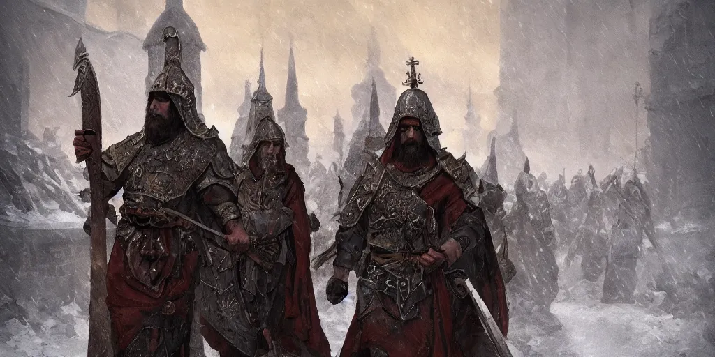 Image similar to byzantine styled warrior - monks patrol the streets of a sacred necropolis in winter, sharp focus, intricate concept art, ambient lighting, artstation