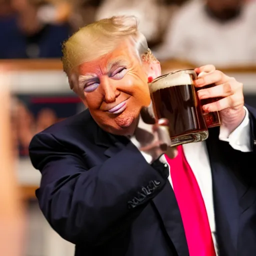 Image similar to donald trump drinking root beer infront of an audience, photography