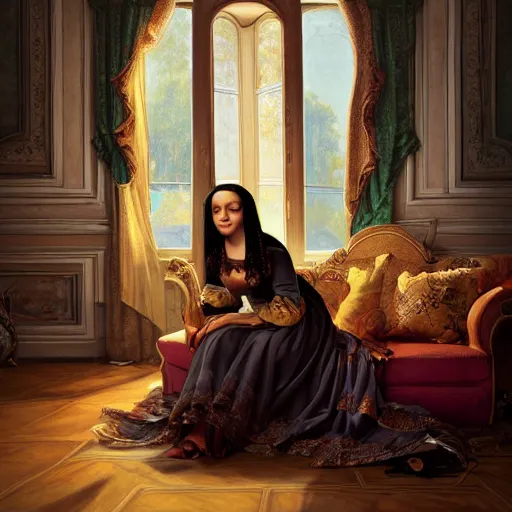 Image similar to Monalisa is sitting on her living room couch. She is dressed casually and is watching TV, Regal, Realistic, Refined, Detailed Digital Art, Josephine wall, Oil Painting, William-Adolphe Bouguereau, Art Frahm, Esao Andrews, Steampunk, Highly Detailed, Cinematic Lighting, Unreal Engine, 8k, HD