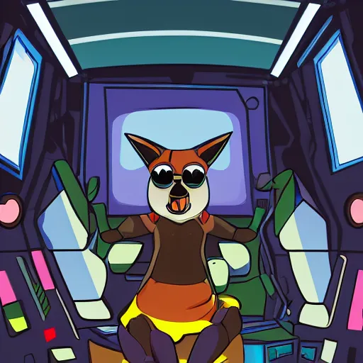 Prompt: an anthropomorphic kangaroo in a spaceship, interior photo, anime style, futuristic, cell shading high resolution