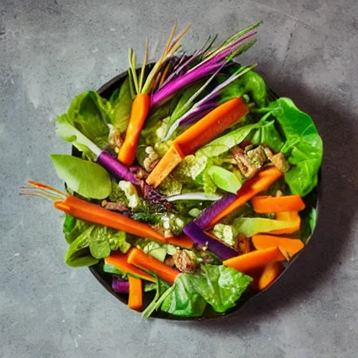 Prompt: a coleau salad with rainbow carrots