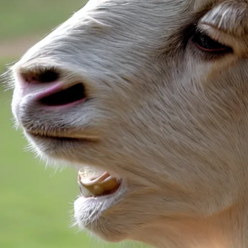 Image similar to Charlize Theron being mad at a goat, close-up of her face