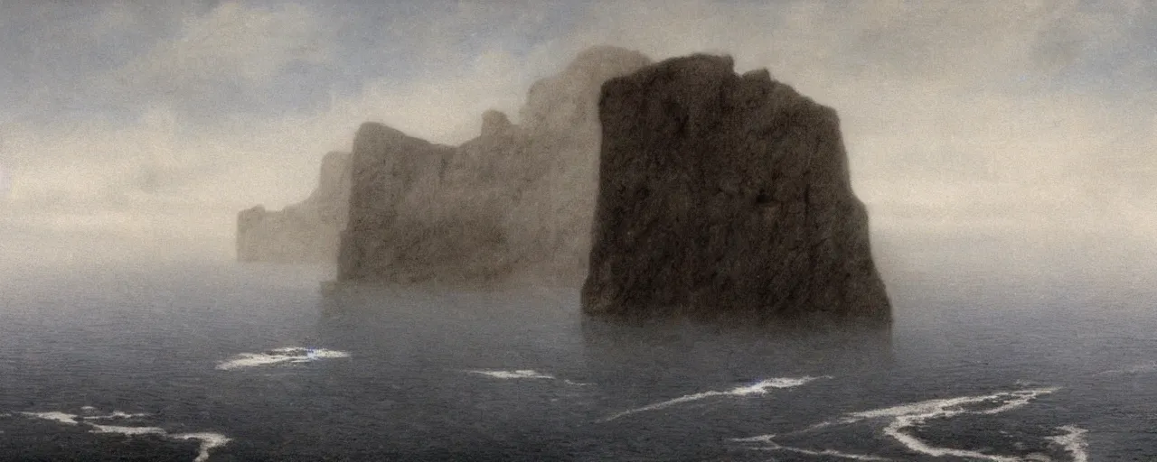 Image similar to misty black cliffs over steamy water by Fernand Khnopff, matte painting