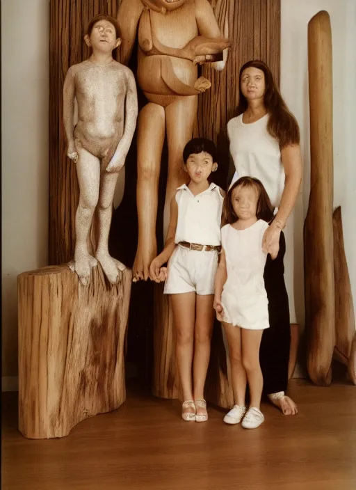 Image similar to realistic photo portrait of the family wearing fluffy shorts, beautiful symmetrical faces, standing in the wooden polished and fancy expensive interior room next to a wooden bird idol sculpture 1 9 9 0, life magazine reportage photo