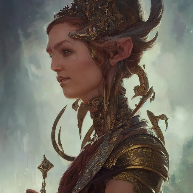 Image similar to portrait of an elf queen, D&D, fantasy, highly detailed, digital painting, artstation, concept art, smooth, sharp focus, illustration, art by greg rutkowski and alphonse mucha