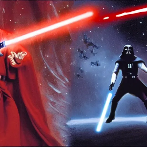 Image similar to a still from star wars : the phantom menace, showing joe biden!!! as a jedi, having a lightsaber duel with spider - man