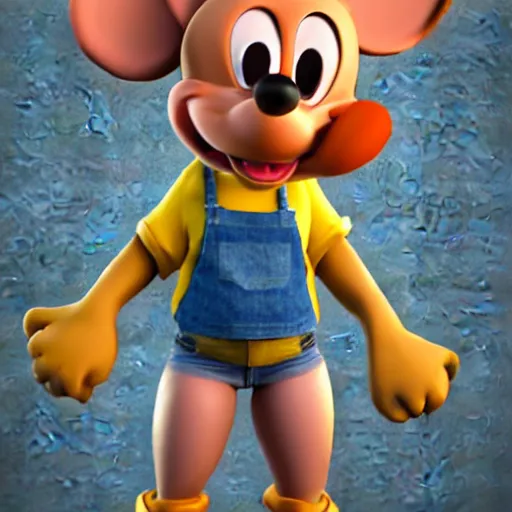 Image similar to 3 d render, portrait, upper body shot, mid shot, anthropomorphic mouse, female, wearing denim short shorts and a off yellow tank top shirt, in the style of disney's robben hood