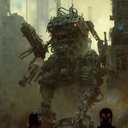 Image similar to six meters tall mech fighting in an urban environment, epic action scene, ultra realistic illustration by gaston bussiere craig mullins jc leyendecker gustav klimt artgerm greg rutkowski john berkey, bergey, craig mullins, ruan jia, raymond swanland, jeremy mann, tom lovell, alex malveda, ray casting, hdr