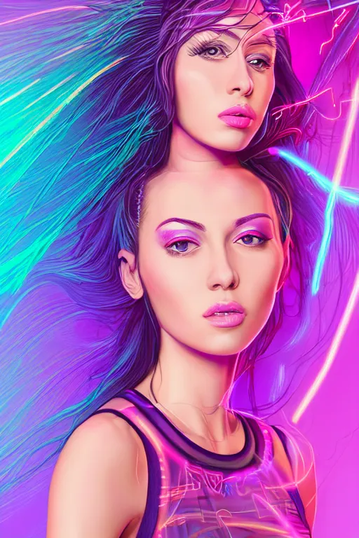 Image similar to a award winning half body portrait of a beautiful woman in a croptop and cargo pants with ombre purple pink teal hairstyle and hands in pockets by ari liloan, surrounded by whirling illuminated lines, outrun, vaporware, shaded flat illustration, digital art, trending on artstation, highly detailed, fine detail, intricate