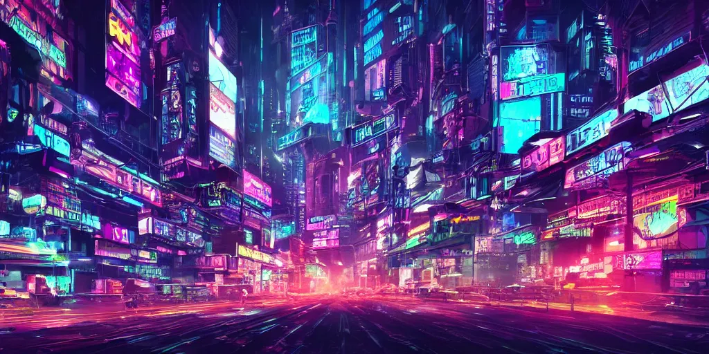 Image similar to Hyper detailed digital art of a cyberpunk city, neon lights, nighttime, 4k, ultra realistic, view from the streets