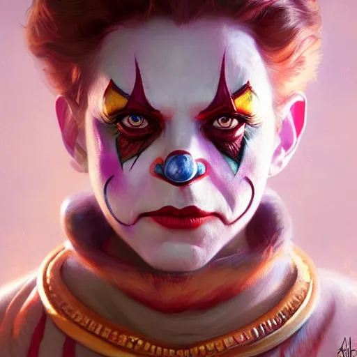 Prompt: Xenu in clown makeup, closeup, D&D, fantasy, intricate, elegant, highly detailed, digital painting, artstation, concept art, matte, sharp focus, illustration, hearthstone, art by Artgerm and Greg Rutkowski and Alphonse Mucha