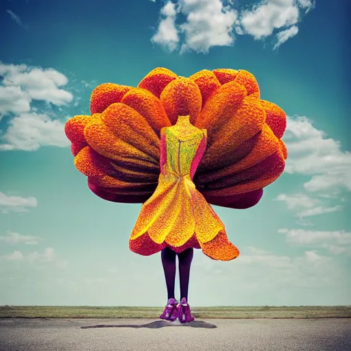 Image similar to giant flower head, woman walking, surreal photography, cinematic, blue sky, symmetry, detailed, bright, retro, wes anderson