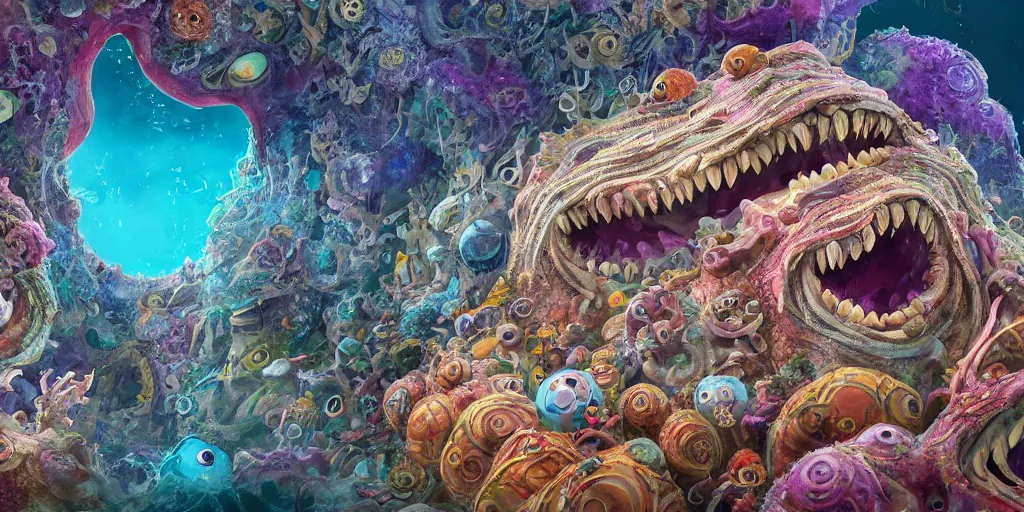 Image similar to of an intricate sea reef with strange cute friendly happy creatures with huge eyes, mouth, long tongue, round teeth and goofy face, appearing from the background, in the style of gehry and gaudi, macro lens, shallow depth of field, ultra detailed, digital painting, trending artstation, concept art, illustration, cinematic lighting, photorealism, epic, octane render