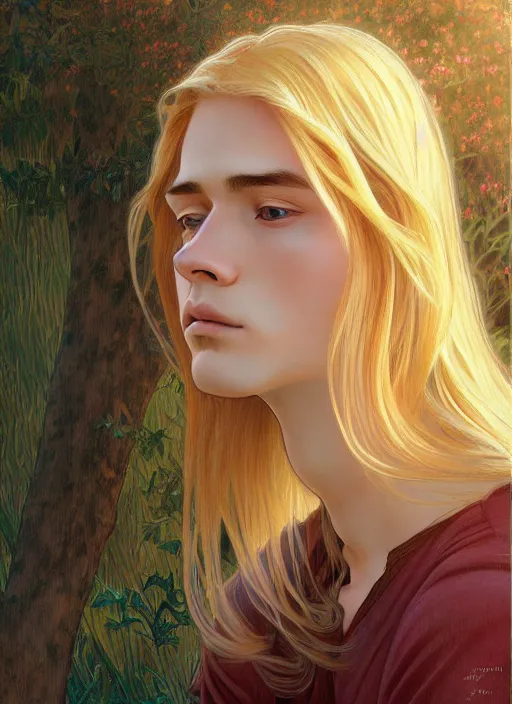 Image similar to pretty young man with shoulder length shiny shimmering golden blond hair, head down, demure, shy, path traced, highly detailed, high quality, digital painting, by studio ghibli and alphonse mucha, leesha hannigan, disney