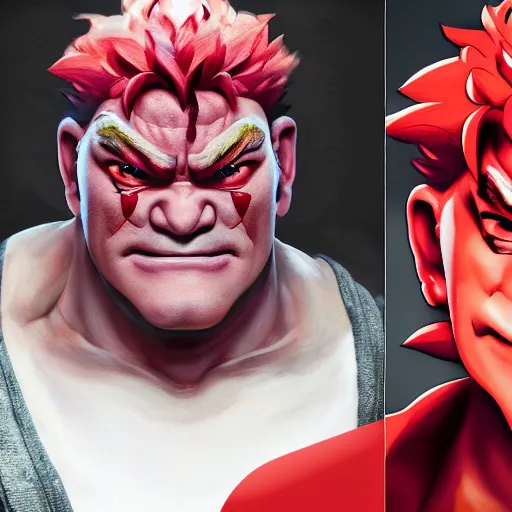 Image similar to david koechner as akuma street fighter, 4 k, ultra realistic, detailed focused art by artgerm and greg rutkowski and alphonse mucha