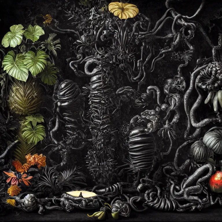 Prompt: still life of surreal alien black tropical flowers, rotten moldy black mold, dripping black paint, surreal alien ribbed black tropical fruit, black human spine, black background baroque painting, beautiful detailed intricate insanely detailed octane render, 8K artistic photography, photorealistic, chiaroscuro, Raphael, Caravaggio