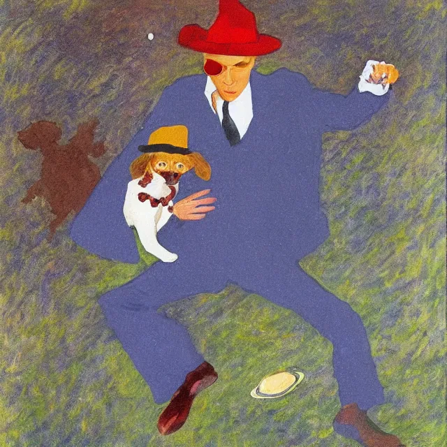 Image similar to david bowie wearing a fedora, kicking a puppy on the moon by monet