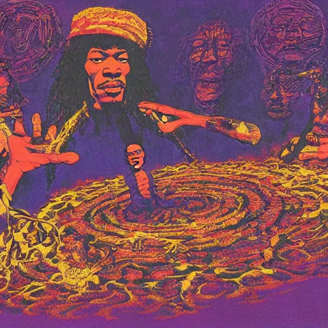 Image similar to jimi hendrix standing in a voodoo circle at the beginning of the world by jean giraud and moebius