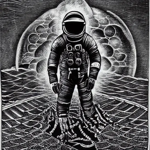 Prompt: highly detailed black work drawing of an astronaut on fire walking through a dystopian desert