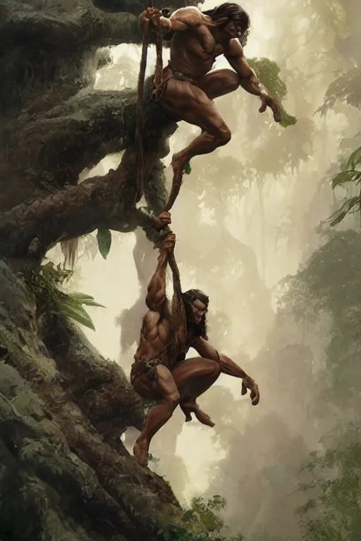 Image similar to tarzan swinging from trees, by Frank Frazetta, Greg Rutkowski, Boris Vallejo, epic fantasy character art, Exquisite detail, post-processing, low angle, masterpiece, cinematic