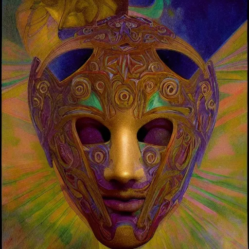 Image similar to masterpiece painting of a facemask made of stylized flowers, by annie swynnerton and jean delville and tino rodriguez and john watkiss, flower mask, art deco shaman, symbolist, dramatic lighting, god rays, elaborate geometric ornament, photorealism, modern realism, clean crisp graphics, soft cool colors, smooth, sharp focus, extremely detailed