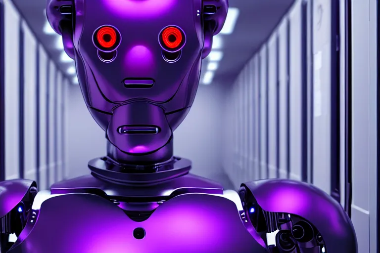 Image similar to hyperrealistic medium shot robot cyborg in data center server by denis villeneuve and stanley kubrick highly detailed concept art eric zener elson peter cinematic hard purple lighting high angle hd 8 k sharp shallow depth of field