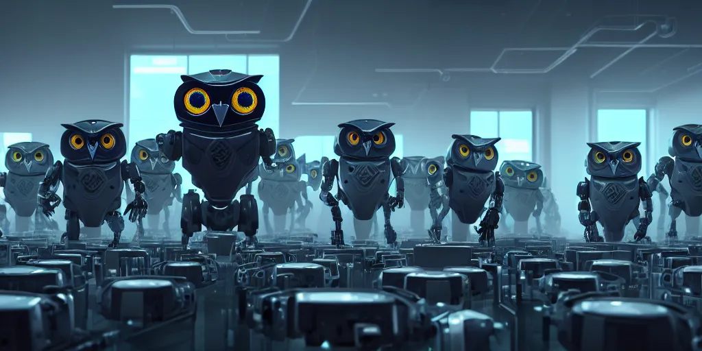 Prompt: an army of evil, malevolent, robot mechincal owls surrounded by computers and computer screens. this 4 k hd image is trending on artstation, featured on behance, well - rendered, extra crisp, features intricate detail and the style of unreal engine. volumetric lighting octane render