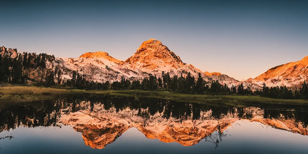 Image similar to A big and beautiful mountain with a clear pond in front of it and an orange sun behind the mountain, professional photography