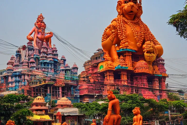 Image similar to dreamscape! mumbai with biomorphic hanuman!! head building, kalighat, octane highly detailed, cinematic smooth, stephen shore & john j. park, soft morning light, wide shot, high angle, uhd 8 k, deep focus