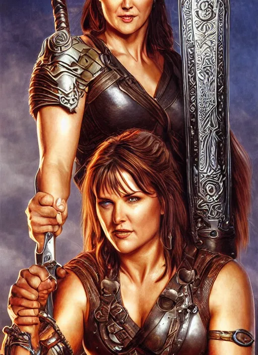 Image similar to Lucy Lawless as Xena as a ruggedly handsome hero holding an enormous large dual wielding sword, intricate, elegant, highly detailed, centered, digital painting, artstation, concept art, smooth, sharp focus, illustration, artgerm, donato giancola, Joseph Christian Leyendecker, WLOP, Boris Vallejo, Artgerm