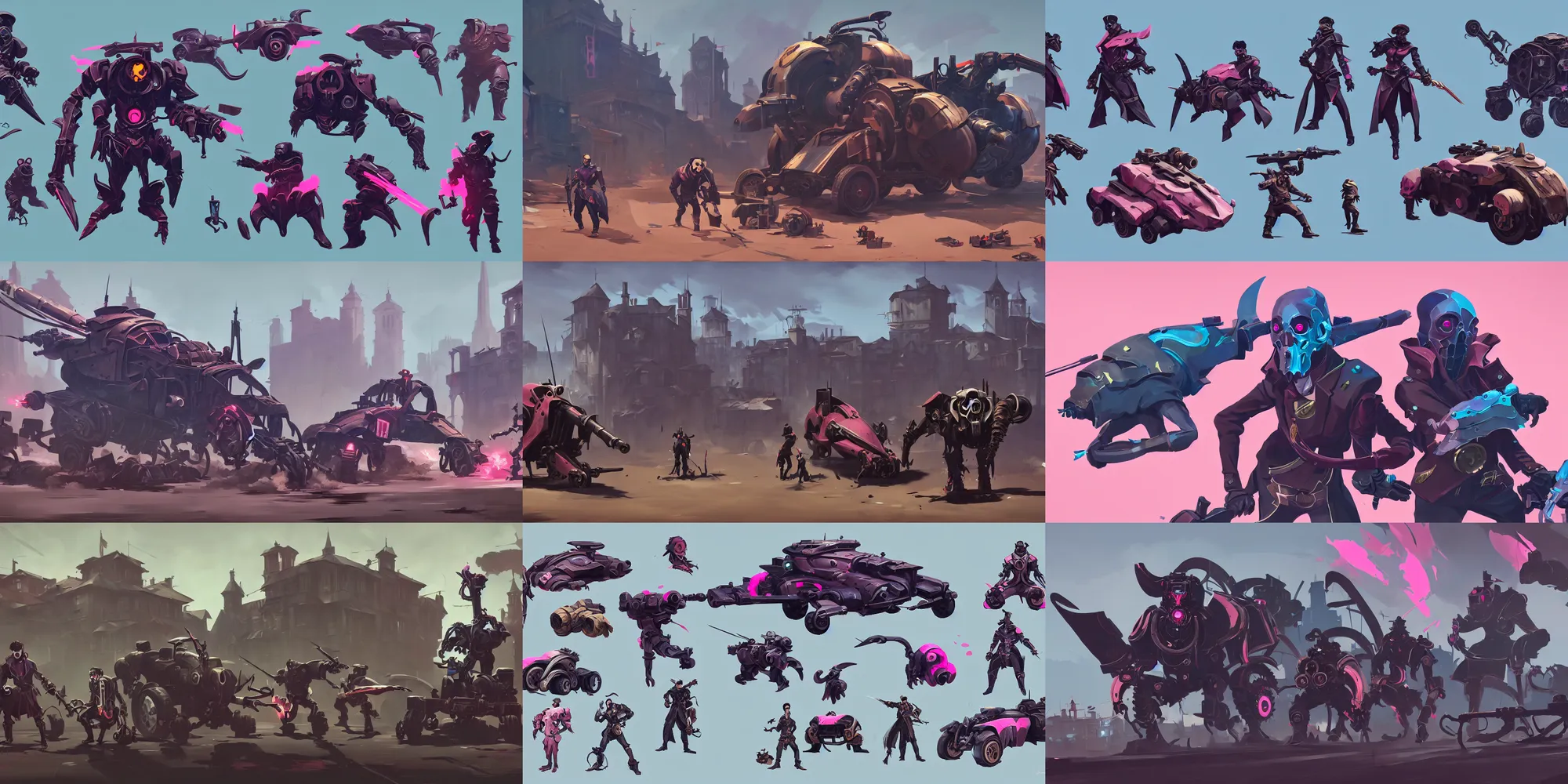 Prompt: game asset of dishonored vehicles and mech, in gouache detailed paintings, props, stylized, 2 d sprites, kitbash, arcane, overwatch, blue and pink color scheme, 8 k, close up