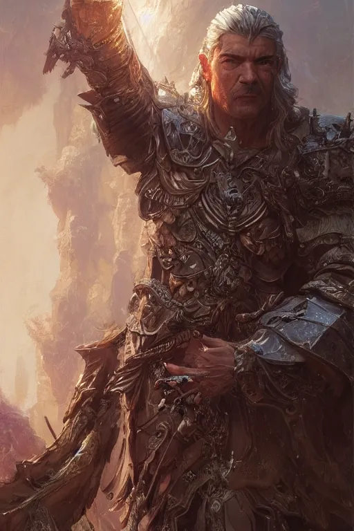 Image similar to portrait of antonio banderas as holy paladin, fantasy, dnd, intricate, highly detailed, smooth, artstation, digital illustration by Ruan Jia and Mandy Jurgens and Artgerm and Wayne Barlowe and Greg Rutkowski and Zdislav Beksinski