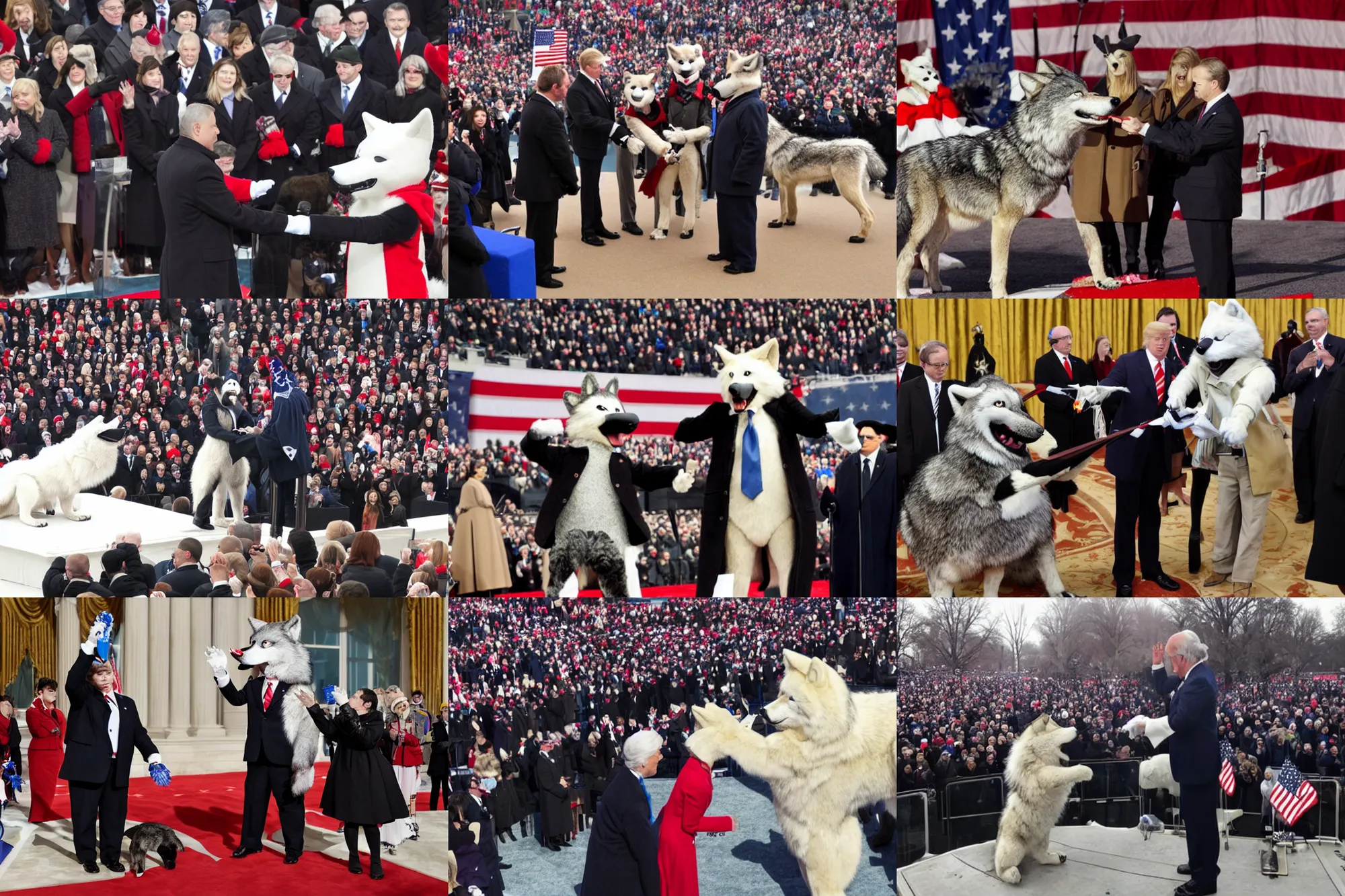 Prompt: photo of the usa presidential inauguration, a wolf fursuiter being inaugurated as president