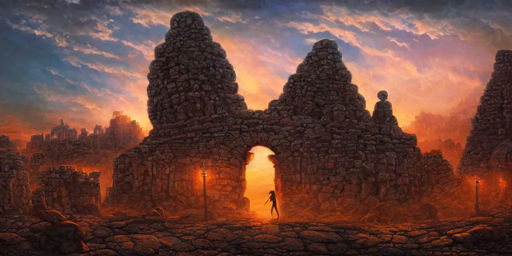 Image similar to fantasy oil painting, megalithic city of vijayanagara, fantasy, colossal, gate, looming, small buildings, warm lighting, street view, silhouetted figure standing overlooking, space port city, epic, distant mountains, bright clouds, luminous sky, cinematic lighting, michael cheval, michael whelan, artstation, oil painting, vray, 8 k hd