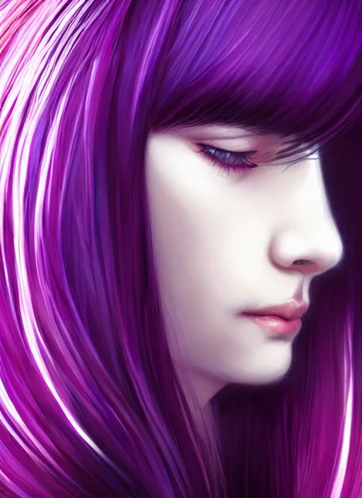 Prompt: hair whitebangs hair, black hair, blackbangswhitehair, portrait of teenage girl with white bangs, red irises, purple clothes, white bangs, bangs are different color from hair, intricate, elegant, glowing lights, highly detailed, digital painting, artstation, concept art, sharp focus, illustration, art by wlop, mars ravelo and greg rutkowski