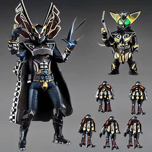 Image similar to High Fantasy Kamen Rider with a Mini Figure Gimmick, glowing eyes, moody colors, rock quarry daytime, grey rubber undersuit, segmented armor, Guyver Dark Hero